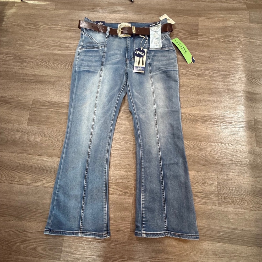 Angels of Difference Womens Petite Bootcut Jeans Blue Seam Front Belted 12P NEW